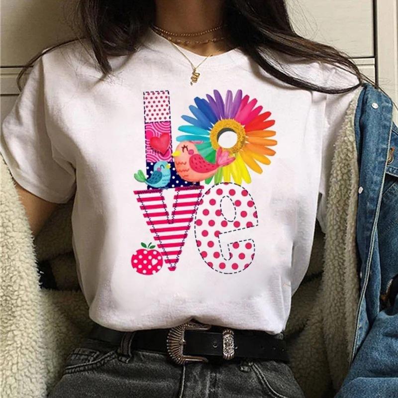 Kawaii Mode Blume Buchstabe Liebe Grafiken Damen T-Shirts 90er Sommer Lockere Blusen O-Ausschnitt Kurzarm Damen Crop Top