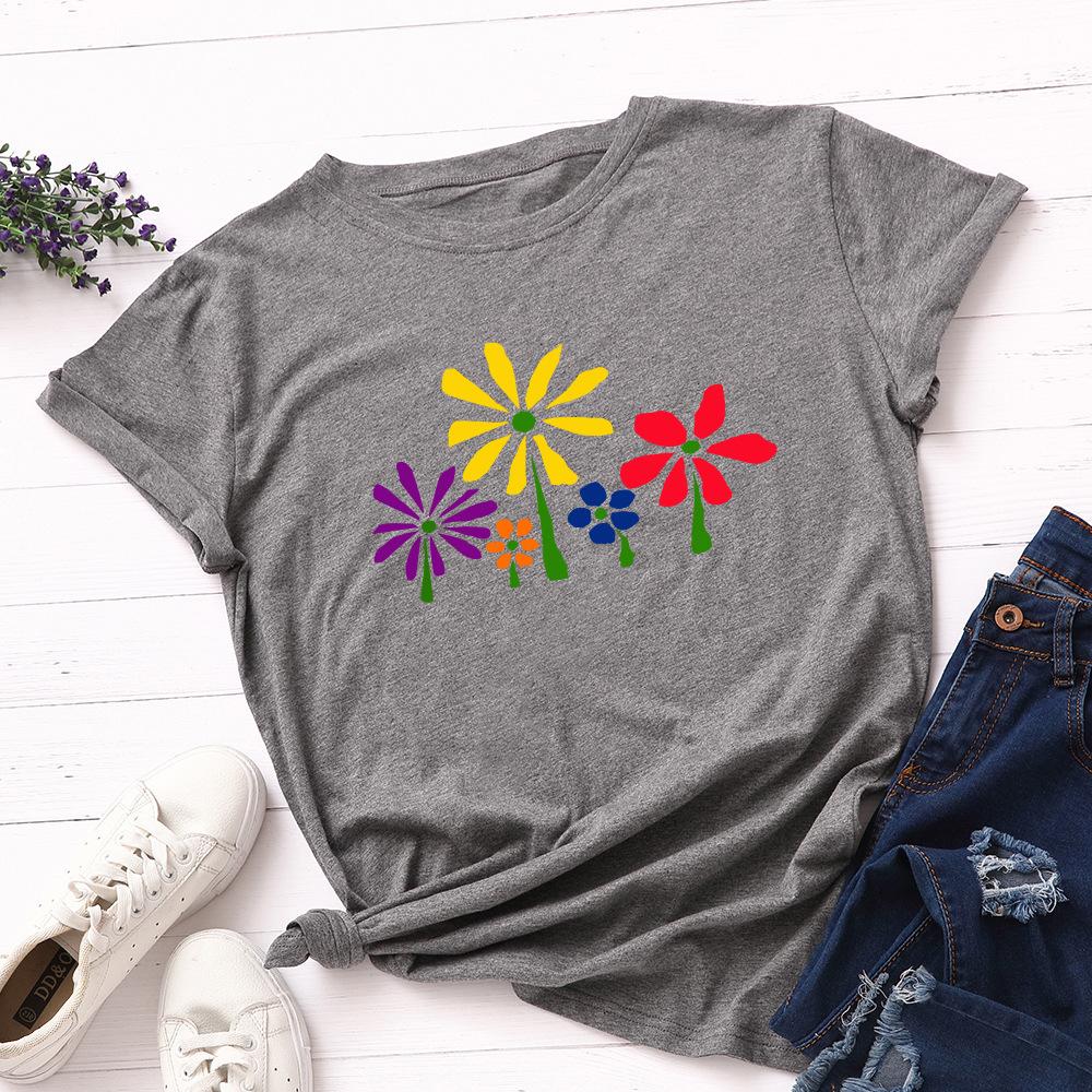 Little Flowers Cotton T-Shirt Short Sleeve Round Neck Women 2d Print Tops