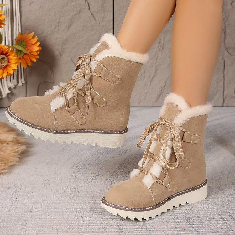 Fashion Snow Boots for Women Outwear 2025 New Fashionable Lace Up Flat Thick Bottom Velvet Snow Boots Anti-Slip Outdoor Mid Calf Botas