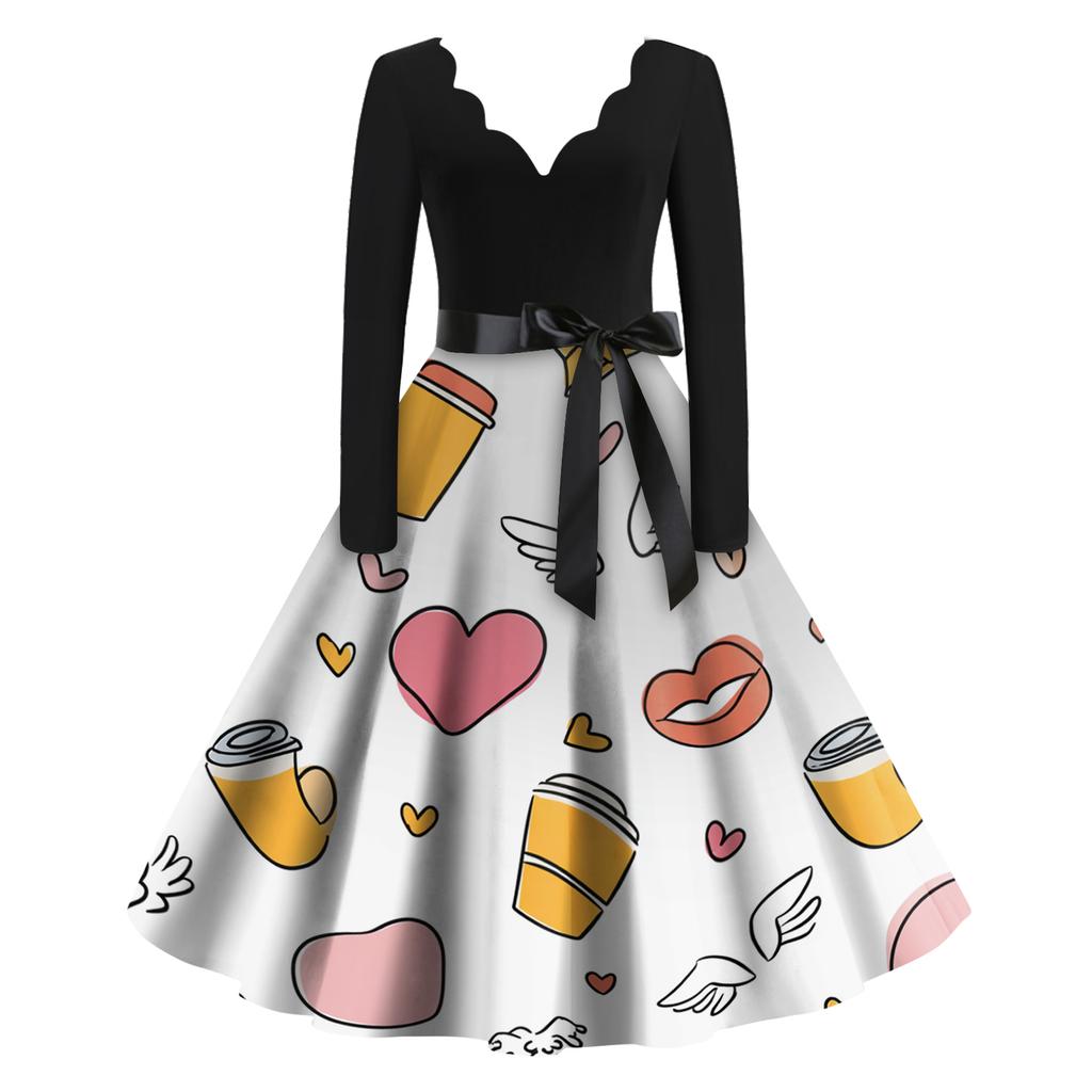 Damen Casual Mode Valentinstag Bedrucktes V-Ausschnitt Retro Langarmkleid