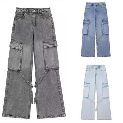 Chic Denim Streetwear Women Straight-leg Pants Fashion Pockets Y2K Spice Cool Girl Loose Sporty Zip Cargo Pants