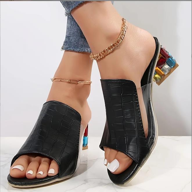 Módní dámské křišťálové sandály 2025 Nové jarní letní sandály s otevřenou špičkou Čtvercové podpatky Plážové módní sandály Dámské Sandalias De Mujer