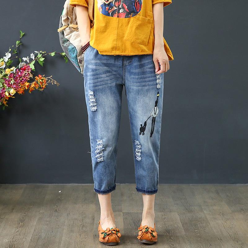 Mode Sommer Damen Zerrissene Lockere Jeans Damen Freizeit Stickerei Denim Hose Vintage Damen Elastische Haremshose