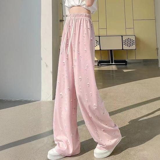 Damenhosen Elastisch Hohe Taille Verstellbarer Kordelzug Einfarbige Weiter Bein Lässige Hosen Durchlöchertes Design Lockere Passform Lang