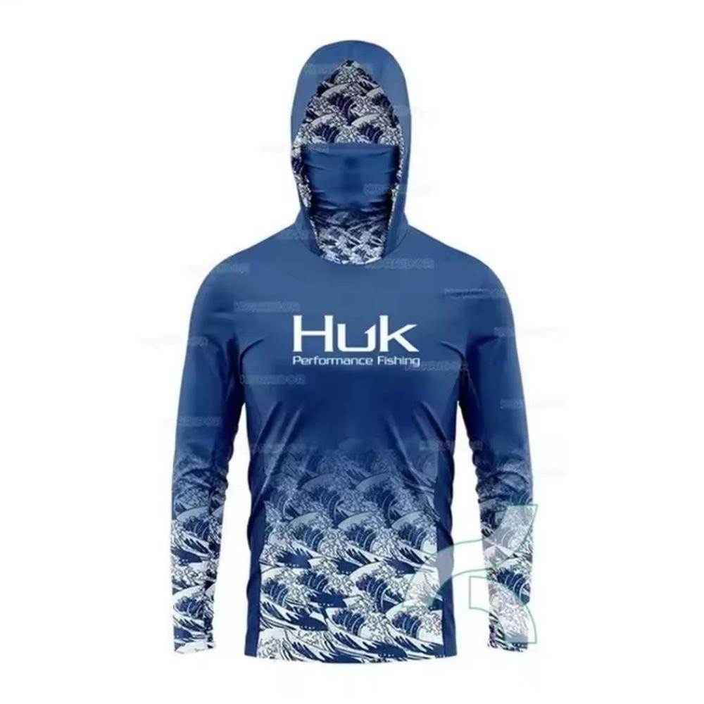 HUK Fishing Hooded Mask Fishing Suit Outdoor Men s Long Sleeve Breathable UV Protection UPF 50 + Fishing T-Shirt XXS