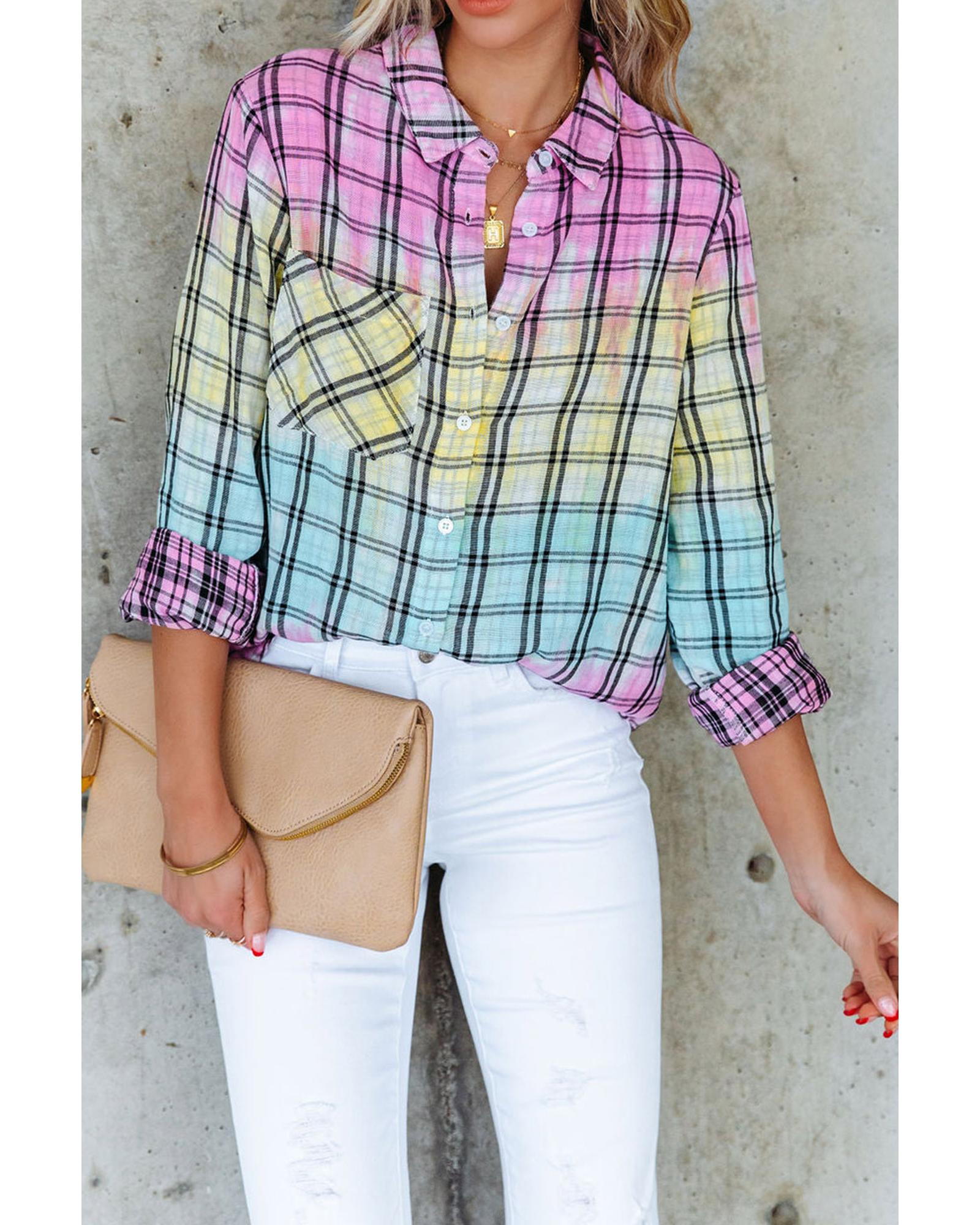 

Azura Exchange Vibrant Tie Dye Plaid Button Up Shirt M різнокольоровий