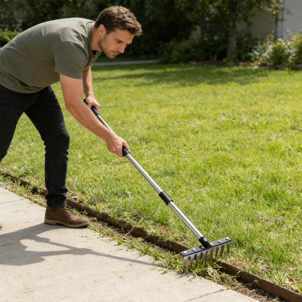 8-tooth Heavy-duty Thatch Rake Stainless Steel Weeding Dethatcher Adjustable Length Outdoor Tilling Tool For Soil Plowing Hoeing
