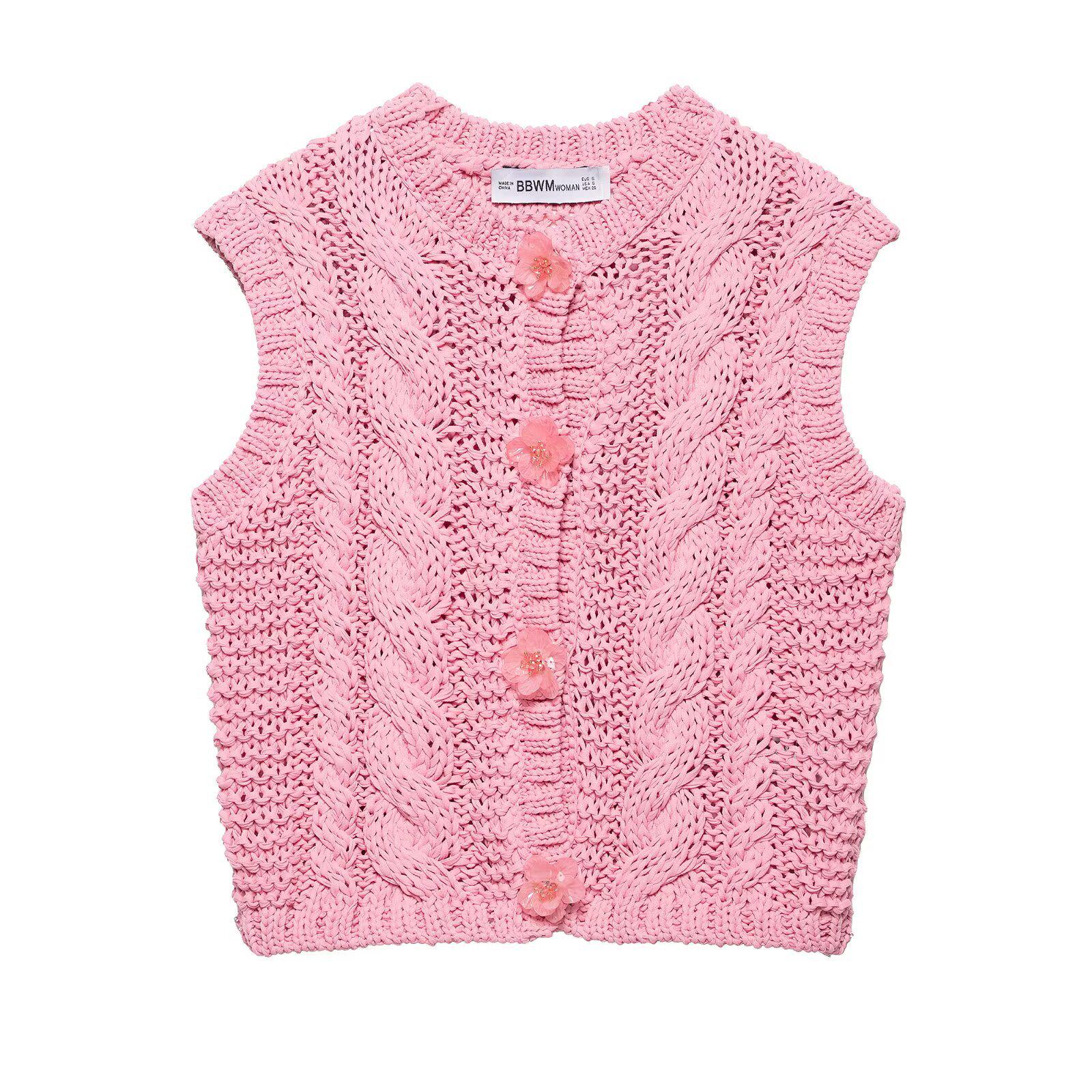 

Весна 2025 Женский Европейский и Американский Вязаный Жилет на Пуговицах с Цветочным Принтом L розовый