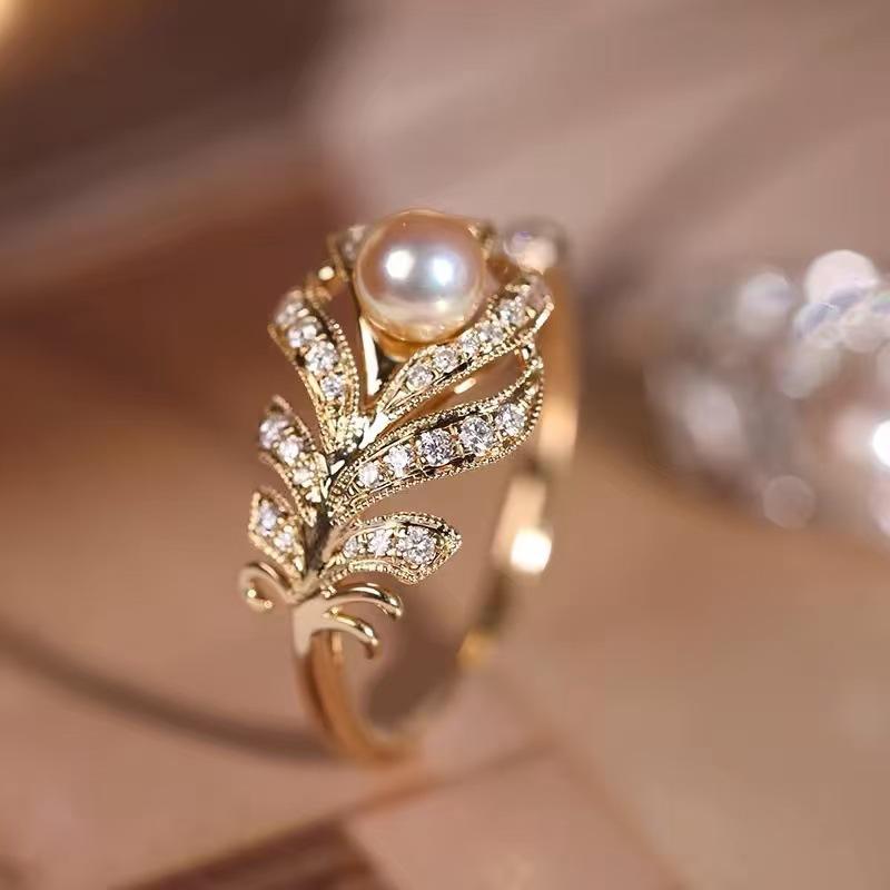 Gold-Plated Mi Gold With Diamonds, Tree Leaf Ring, Light Luxury Full Diamond Hand With High Carbon Diamond Feather Ring.