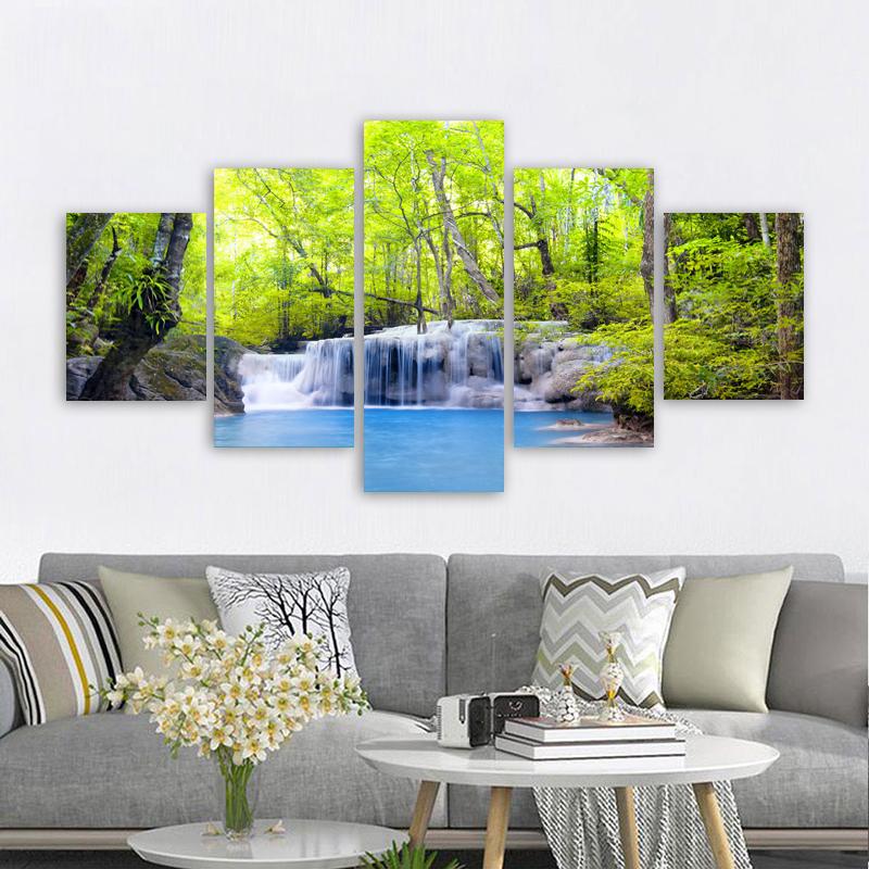 5 Panels Landscape Waterfall Posters and Prints Canvas Painting Wall Art Pictures Living Room Home Decor Lake Tree No Frame