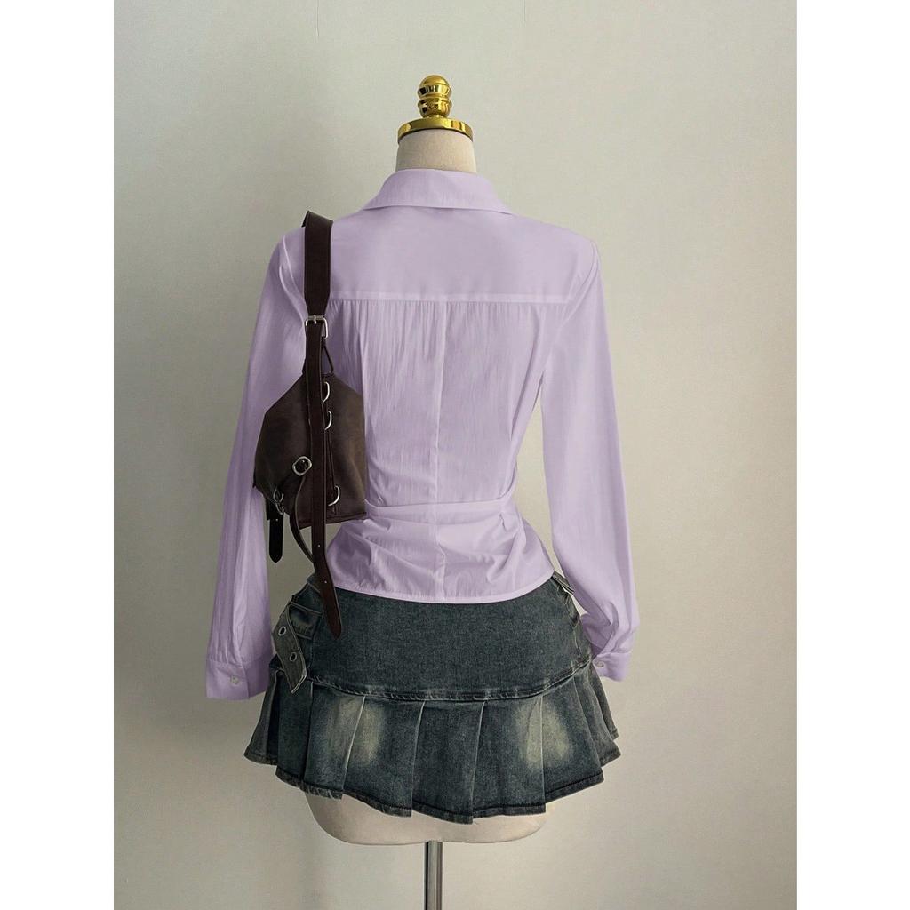 Women's Casual Top, Versatile, Elegant, Waist Cinching Design, Solid Color Women's Shirt