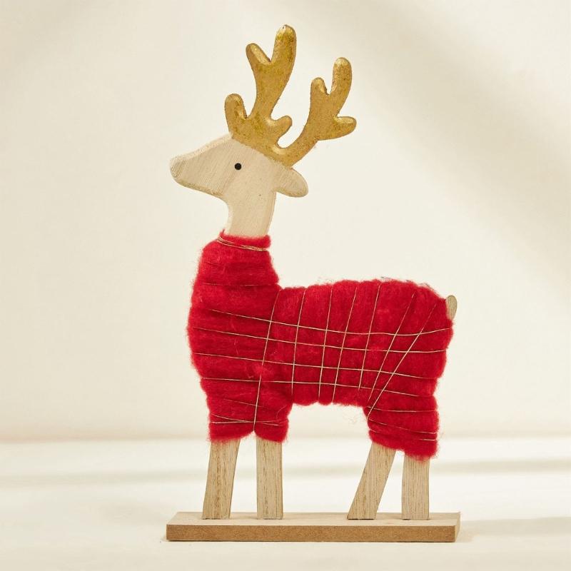 Soft Felt Cloth Santa Clause Reindeer Ornament with Wood Base Plush Wool Felt Christmas Figure Decoration For Tabletop