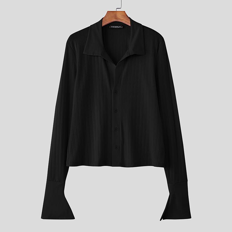 INCERUN Autumn Men Lapel Neck Long Sleeve Ribbed Casual Fitted Cropped Tops Undershirts