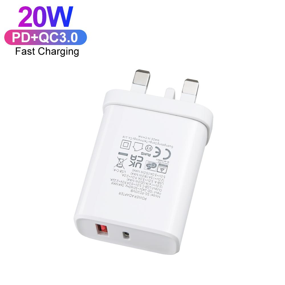 

UK UKCA PD 20W QC 3.0 Type C Super Fast Charging Power Charger for All Mobile Phone 18W Dual Port Portable Travel Adapter USBC+A UK білий