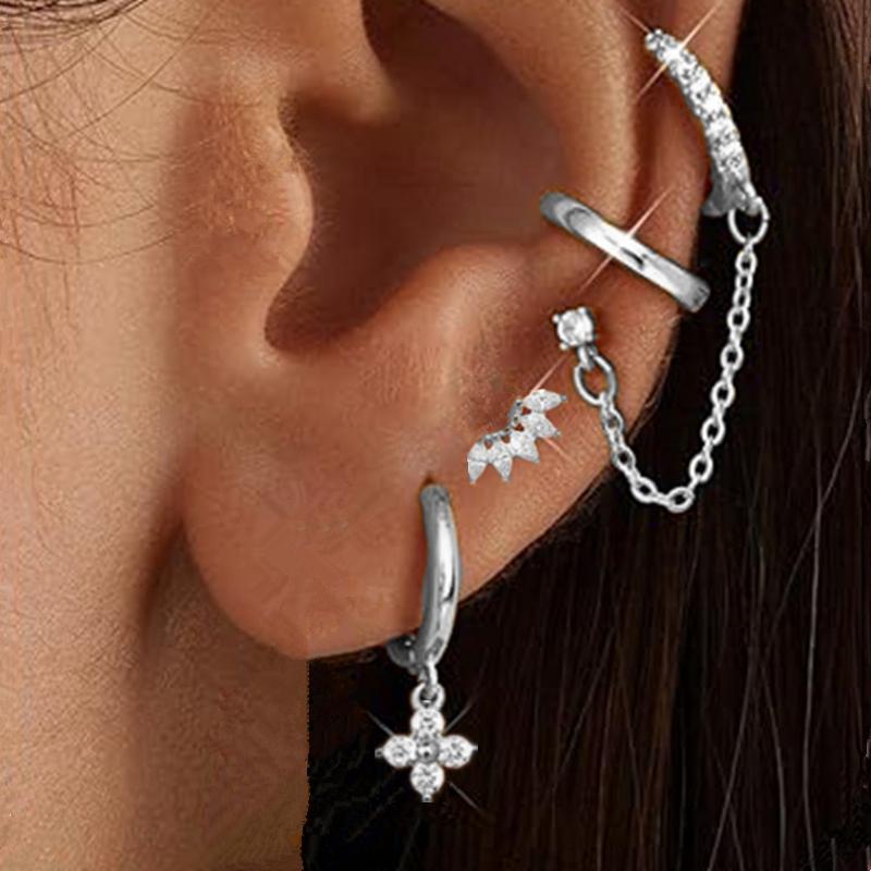 4PCS Double Piercing Chain Huggie Hoop Earring Lot For Women Tragus Stud Earrings Flower Cartilage Helix Jewelry Lobe Earing Set