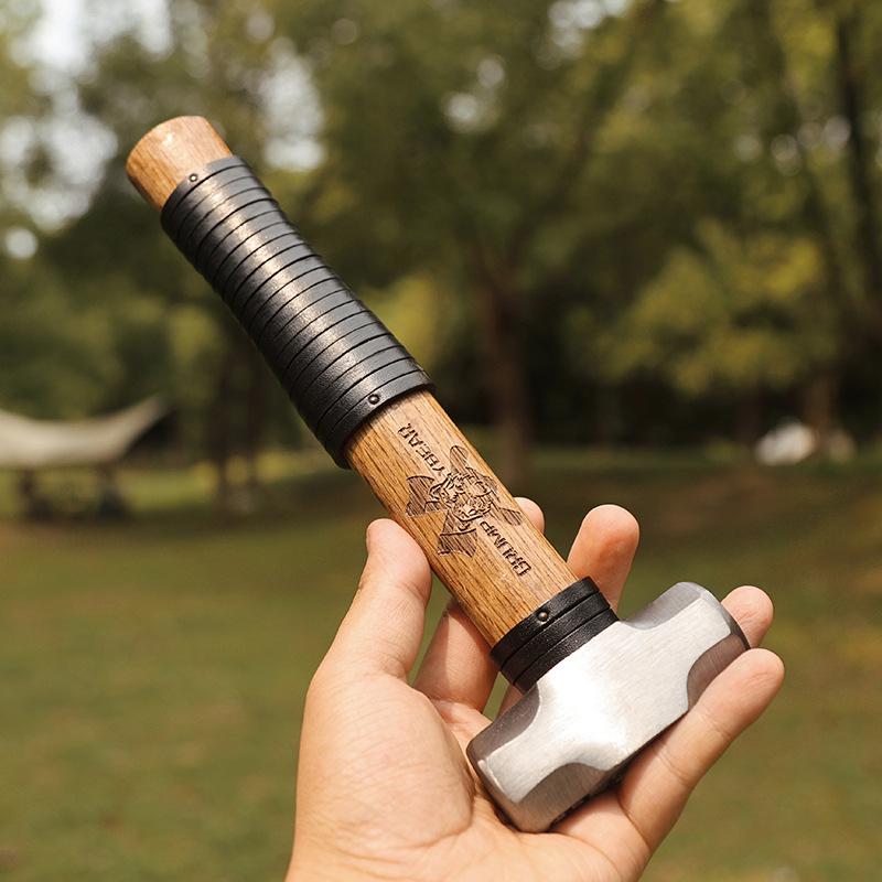 G&B Grumpy Bear Cowhide Handle Camping Hammer - Durable Forged Ground Nail Tool for Outdoor Craftsmanship