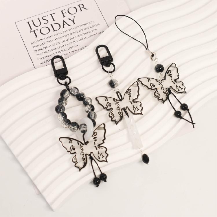 Black Butterfly Bead Pendant Phone Charm Straps Y2K Lanyard Purse Accessories