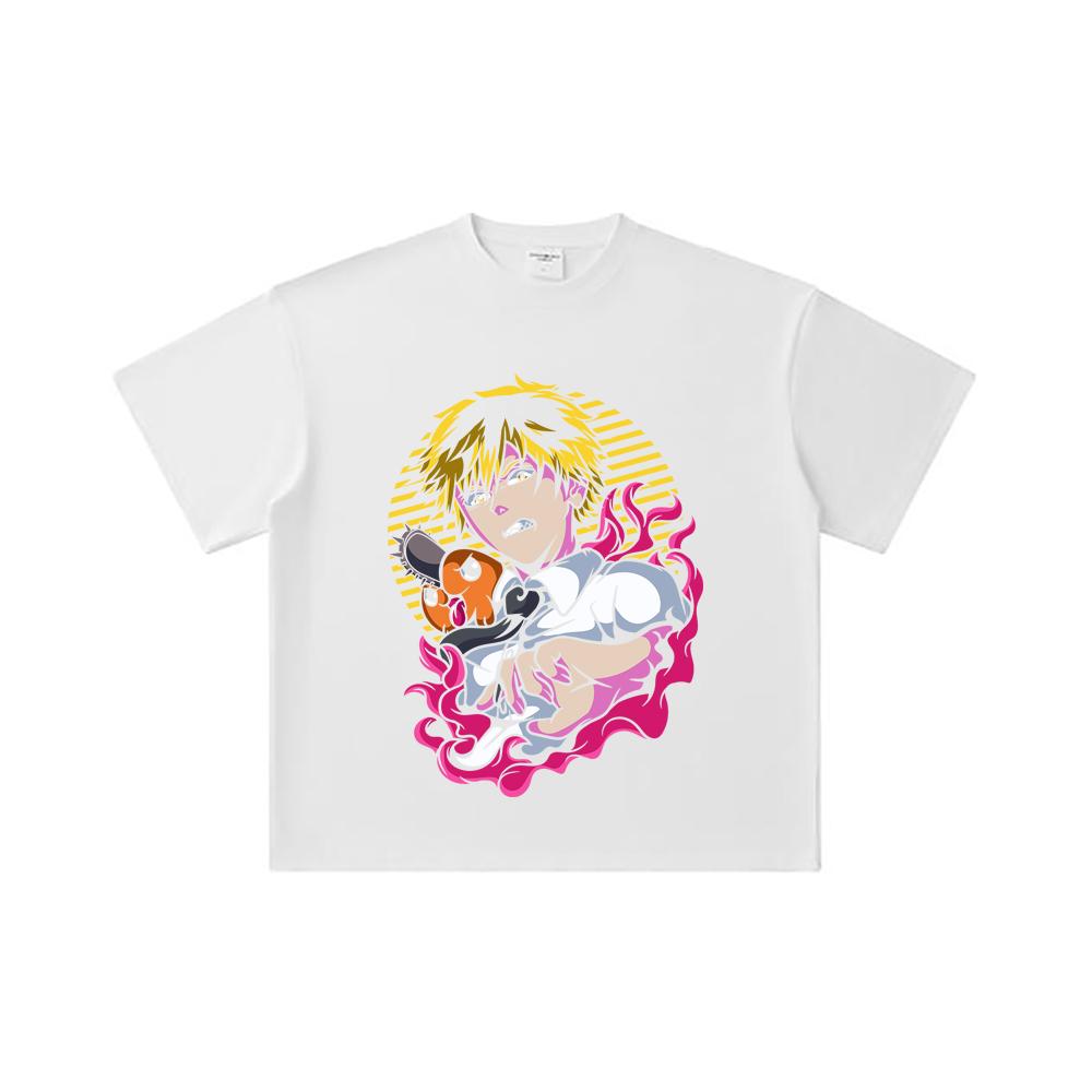 260 GSM Double Yarn 32 Count 100% Cotton Chainsaw Man V4 Denji X Pochita Print Unisex Heavy Cotton T Shirt