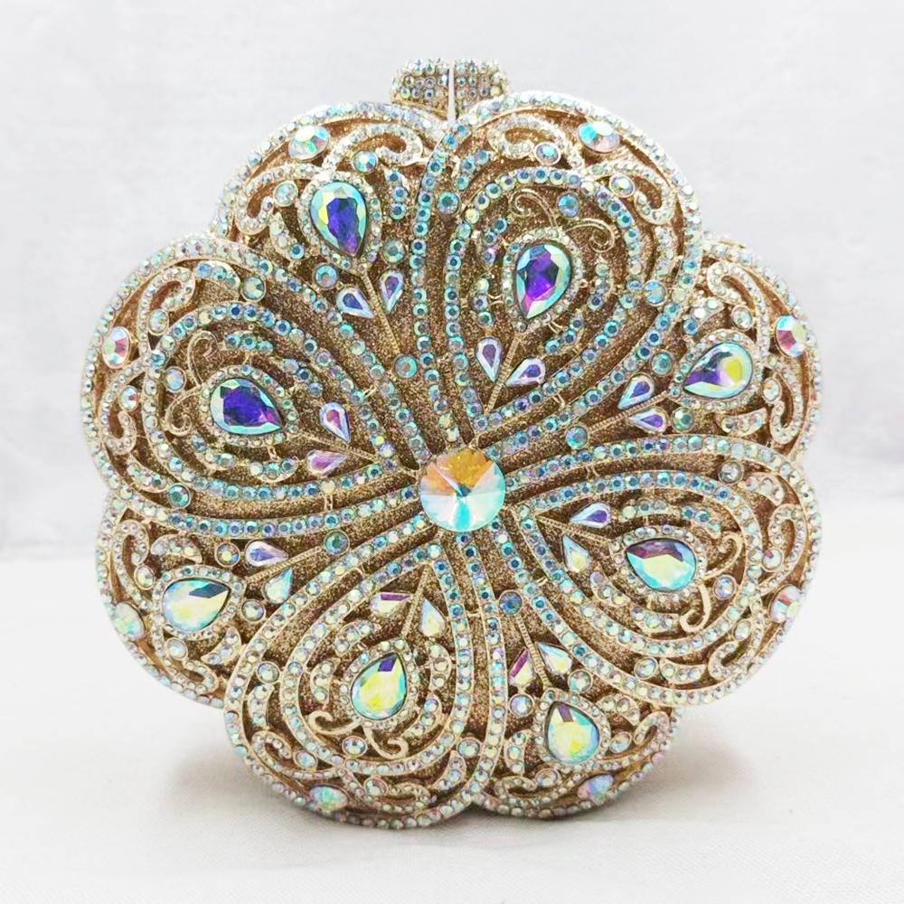 

Round Flower Rhinestones 6 Colors Women Gold/Champagne Clutch Bags Wedding Bag Crystal Evening Purse Metal Clutches Minaudiere 15cmX15cmX5cm
