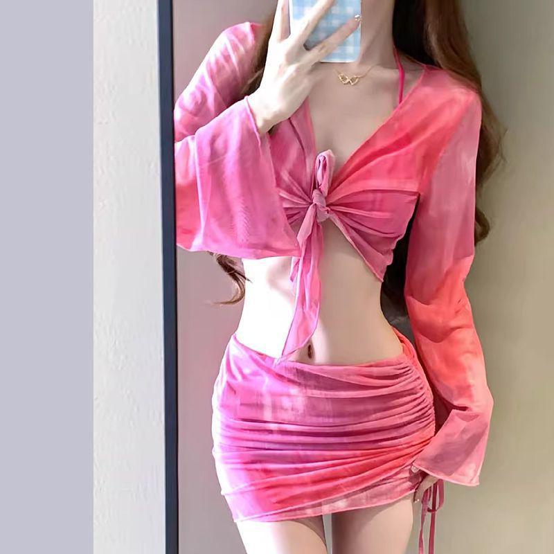 Women's Conservative Slimming Bikini Set - 4-Piece Hot Spring Swimwear for Students (Small Chest) - Promise 53223