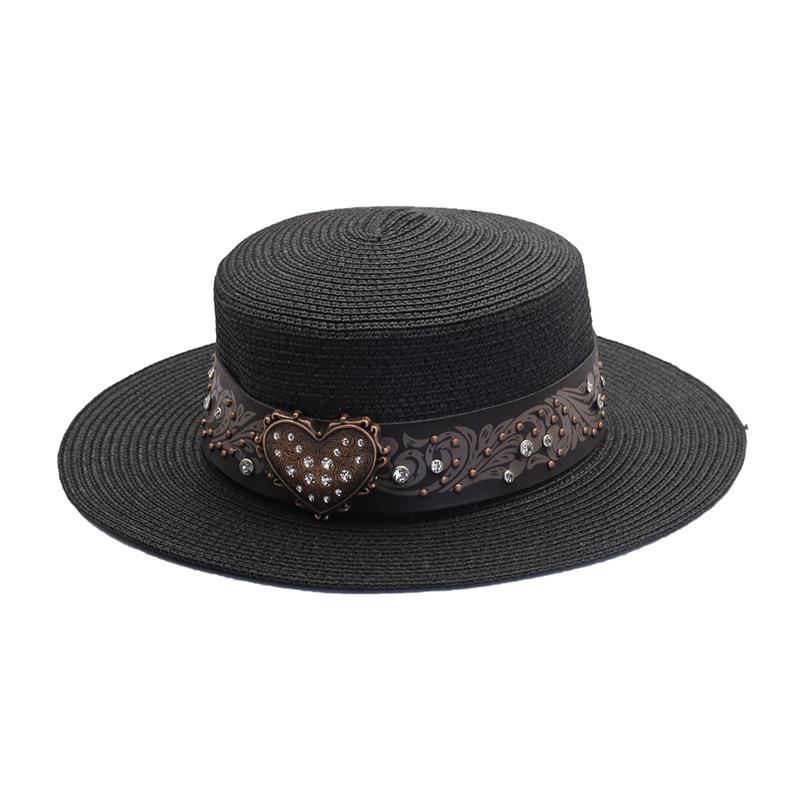 Straw hat women's spring and summer retro casual women's rhinestone straw woven flat top top hat outdoor sunshade beach hat hat