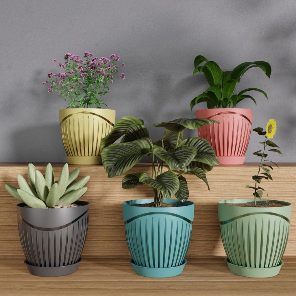 (Pack of 5) 6 Inch Premium Round Plastic Flower Pots with Tray for Home Planters, Terrace,for Home Indoor & Outdoor Gardening Plants