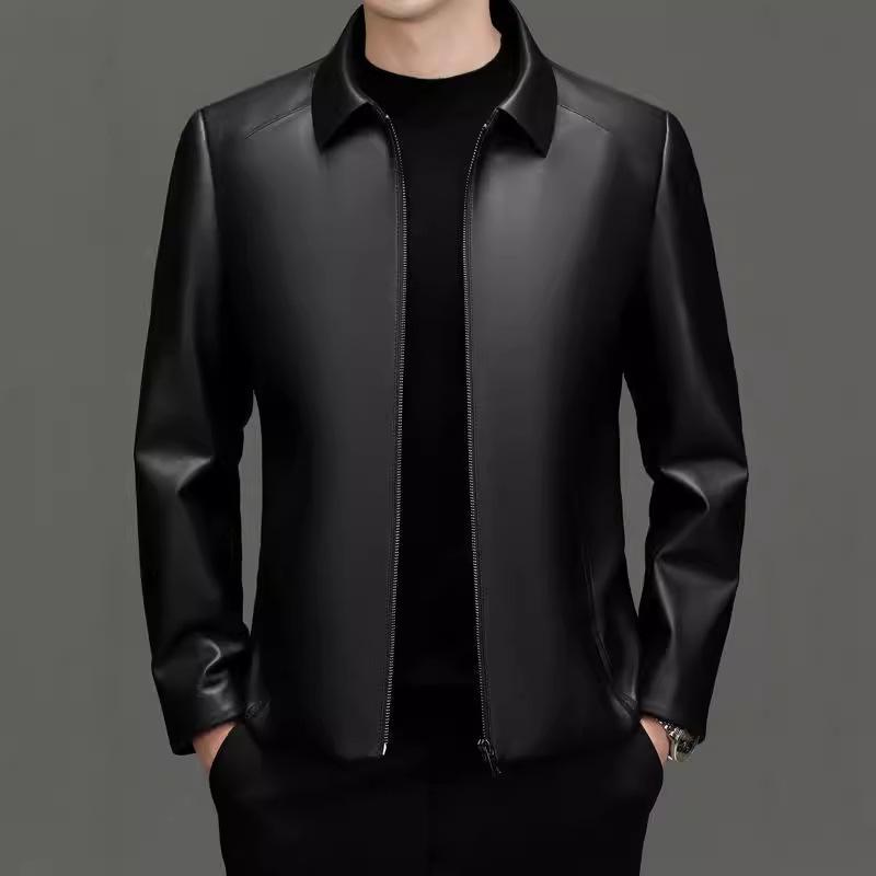 Haining is so good leather jacket spring and autumn new men's middle-aged and elderly fashion business lapel leather jacket sheepskin pattern jacket