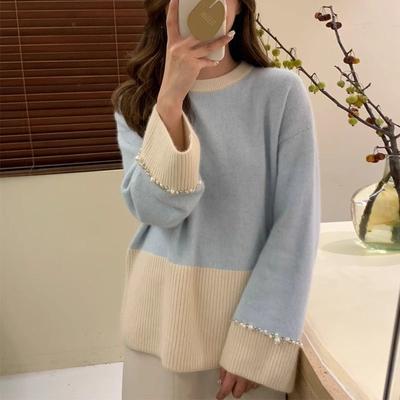 Retro Color Matching Sweater Women's Casual Versatile High-end Design Sense Cuff Bead Heavy Industry Niche Knitted Sweater