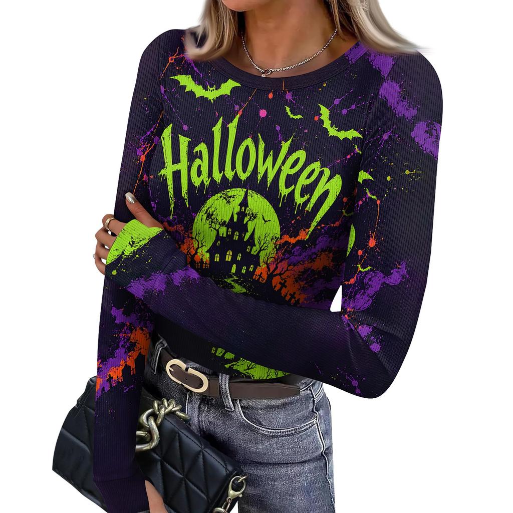 Women's Slim Fit Halloween Print Pullover Long Sleeve T Shirt Crew Neck Base Layer Top with Thumb Hole Cuffs Stretch Fabric