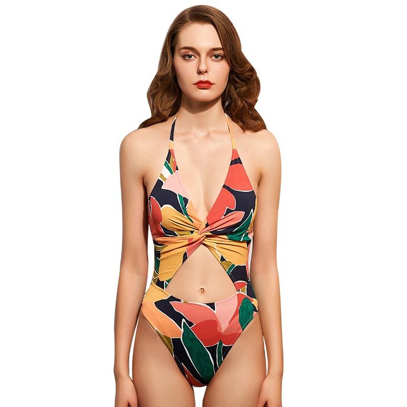 Women s print swimsuit sexy hollow lace-up one-piece swimsuit European and American wish swimsuit S