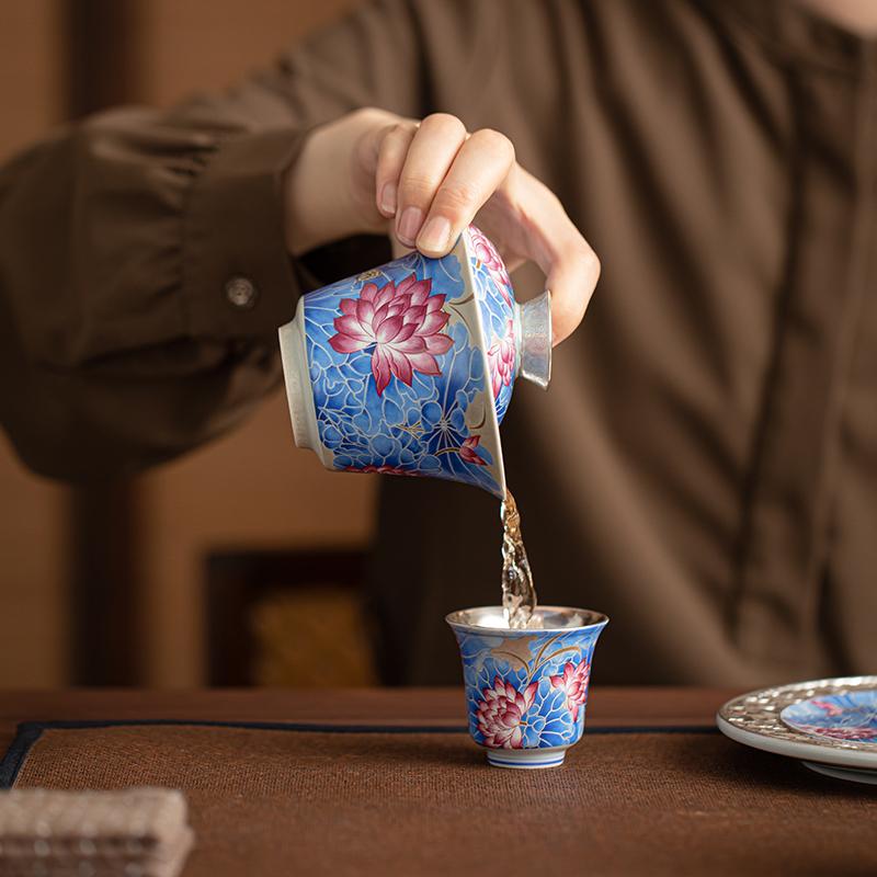 Su's Ceramic Gilded Silver Lotus Pond Clear Fun Bowl Set, Intangible Cultural Heritage Master Zheng Wenqiang's Kung Fu Tea Set Gift Box