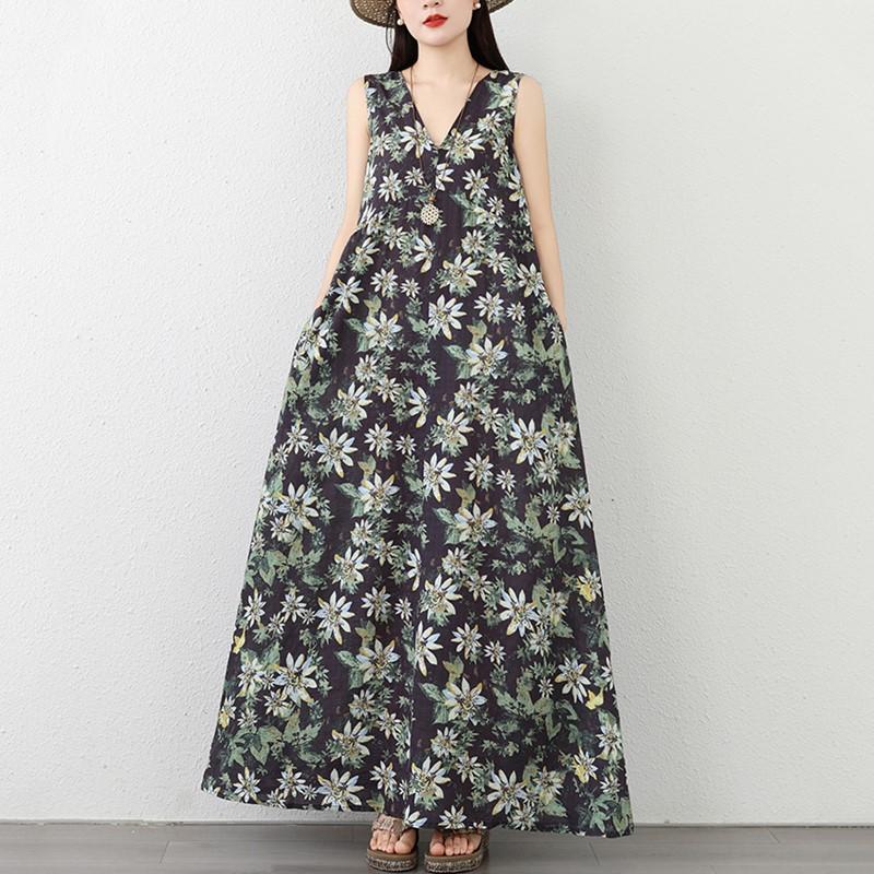 Sleeveless Plus Size Cotton Vintage Floral New In Dresses for Women Casual Loose Long Summer Dress