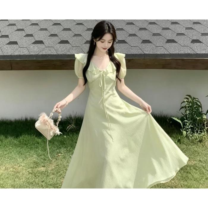 French Skinny Purple Seaside Dress 2026 Summer New Slim Bubble Sleeve Lotus Leaf Edge Collar Long Dress Women