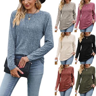 Outono Mulheres malhas Roupas Senhoras Casual Gola Redonda Escovado Pit Stripe Pullover Cor Sólida Top Manga Longa T-shirt