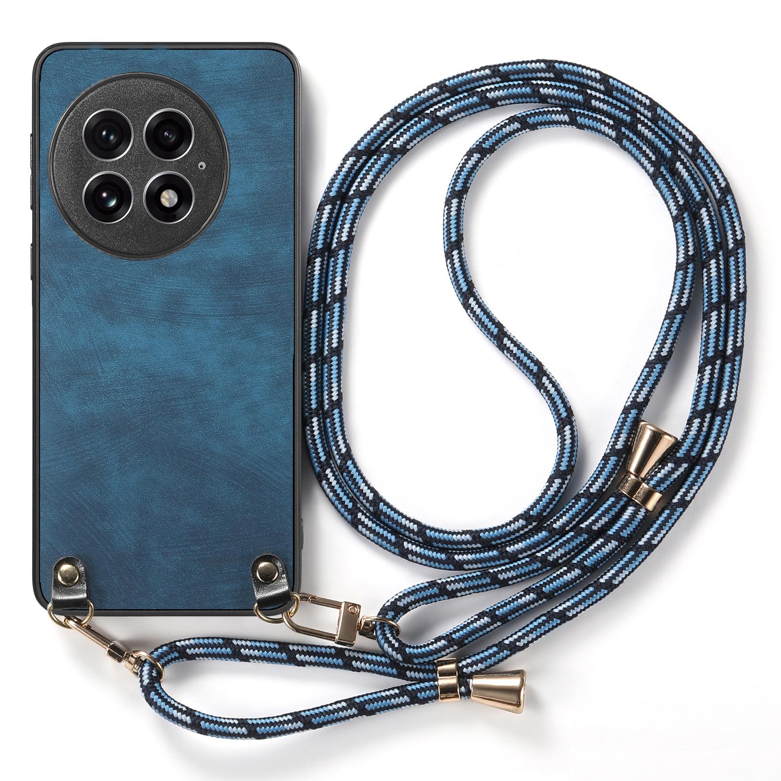 

Для OnePlus 13 ретро шкіряна задня кришка телефону з регульованим ремінцем Blue