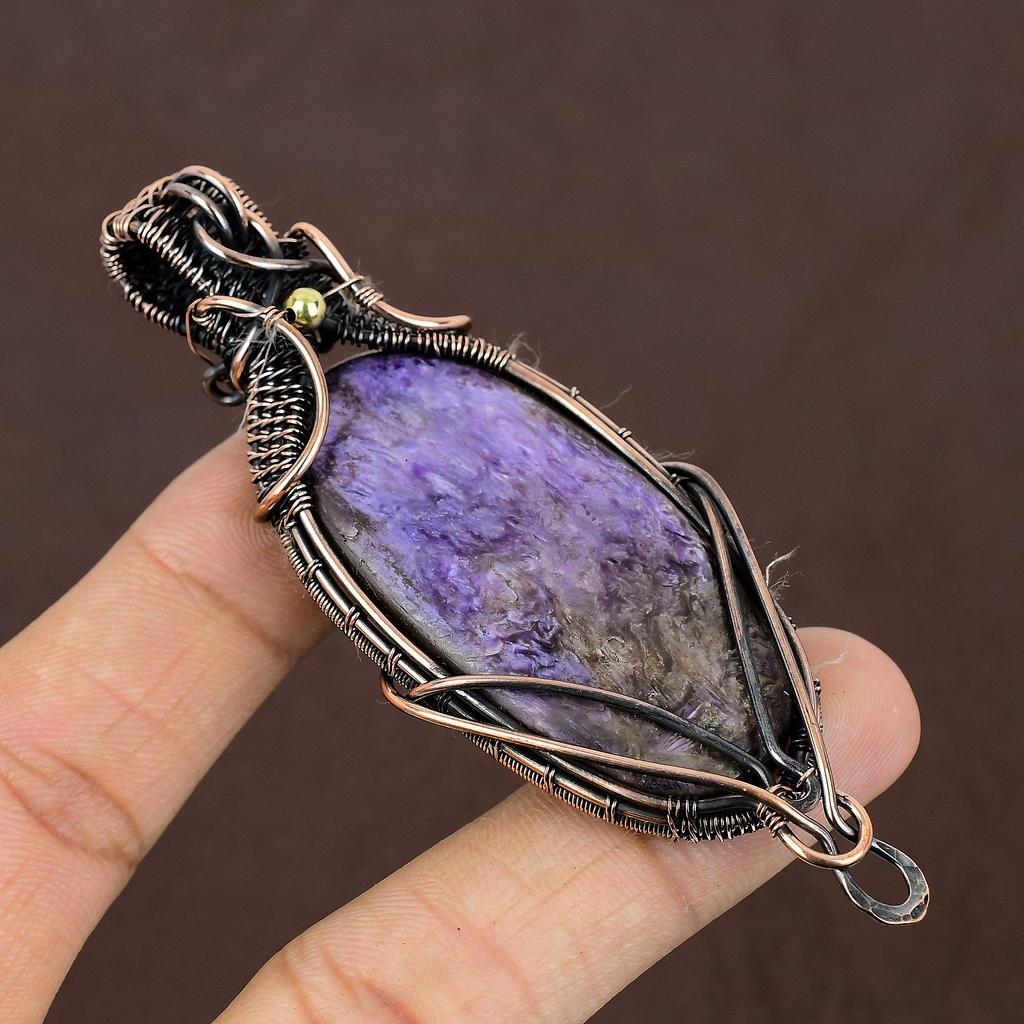 Russian Charoite Handmade Copper Wire Wrap Pendant Jewelry 2.25" y2N14