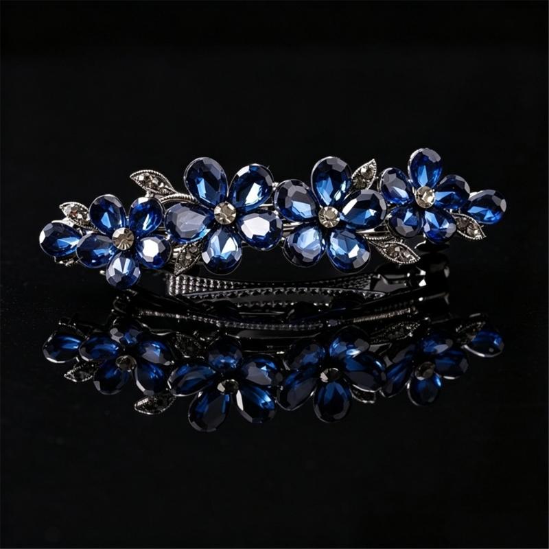 2-Piece Spring Hair Barrette Set Hairpin with Faceted Flowers and Leaf Trim for Holiday, Wedding and Stage Hairstyles