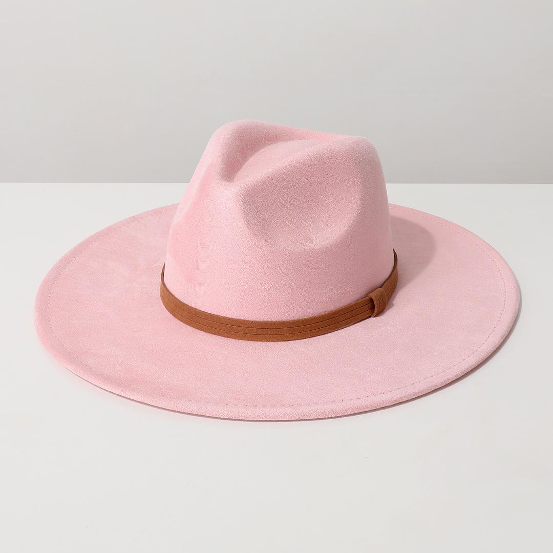 

Popular new European and American style unisex fedora with flat brim, velvet ribbon accessory, suede jazz hat Average Size рожевий