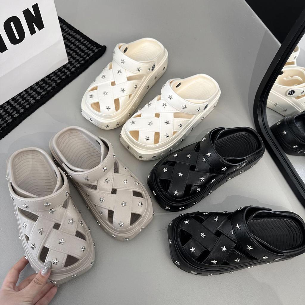 Small height increase thick-soled non-slip and deodorant sandals 2025 summer and autumn new cute baotou half-drag star hole shoes
