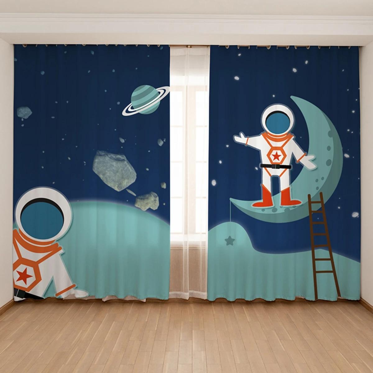 

Мультфильм Космическая Ракета Космос Астронавт Детская Комната Мальчик Спальня Эркер Высокое Затенение Мода Различные Цветовые Узоры 2Панели W55 X H120cm X 2&Grommet Top