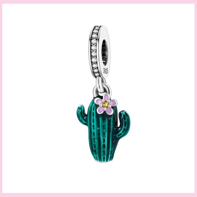 925 Silver Green Color Charms Temperament Cactus Avocado Charm Four Leaf Bead For Bracelet Jewelry Making