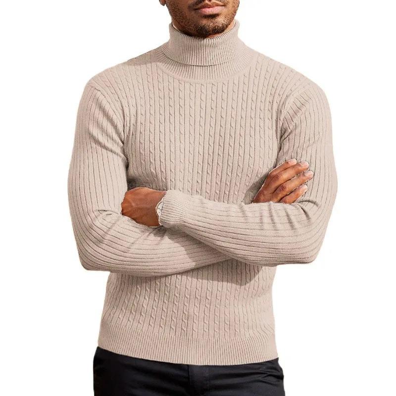 Autumn Winter New Men's Cable Knit Sweater Beige Turtleneck Basic Style Casual Slim Fit Knitwear Male Soft Knitted Pullover