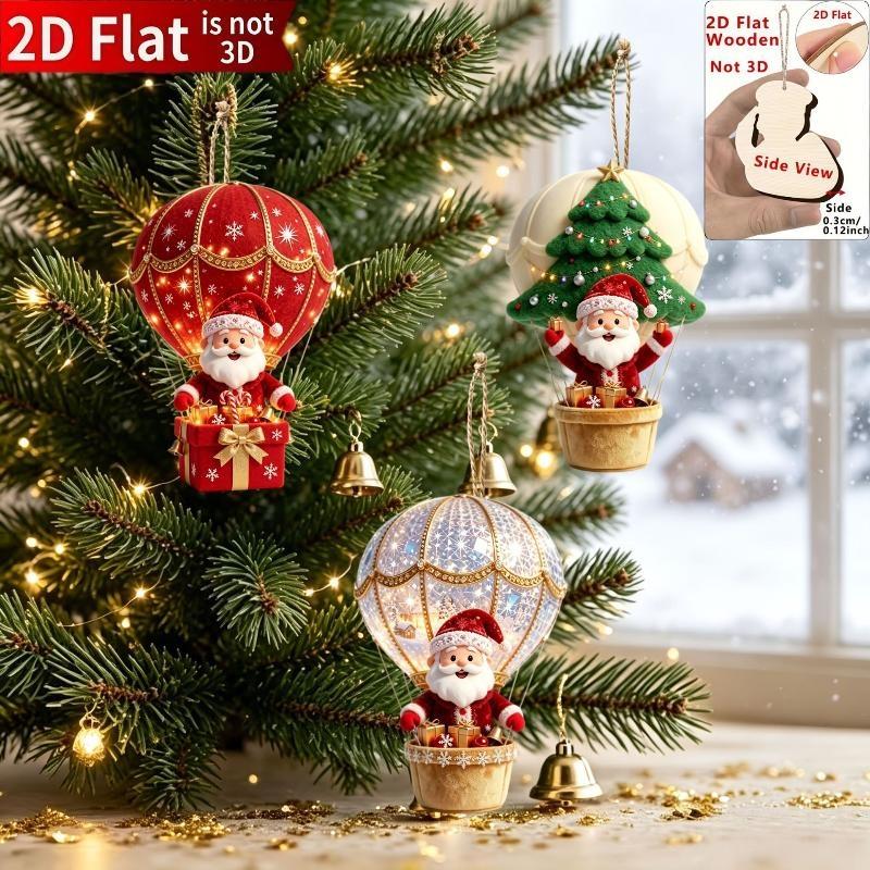 10Pcs Christmas Tree Decoration Christmas Wooden Hot Air Balloon Santa Claus 2D Flat Wooden Pendant Holiday Gift