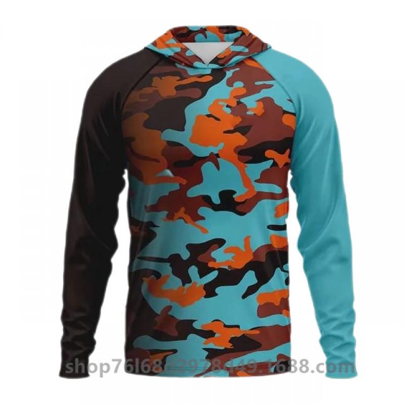 Mens Ice Silk Long Sleeve Fishing Shirt With Integrated Camo Face Cover Hood UPF50 Sun Protection Lightweight Quick Dry