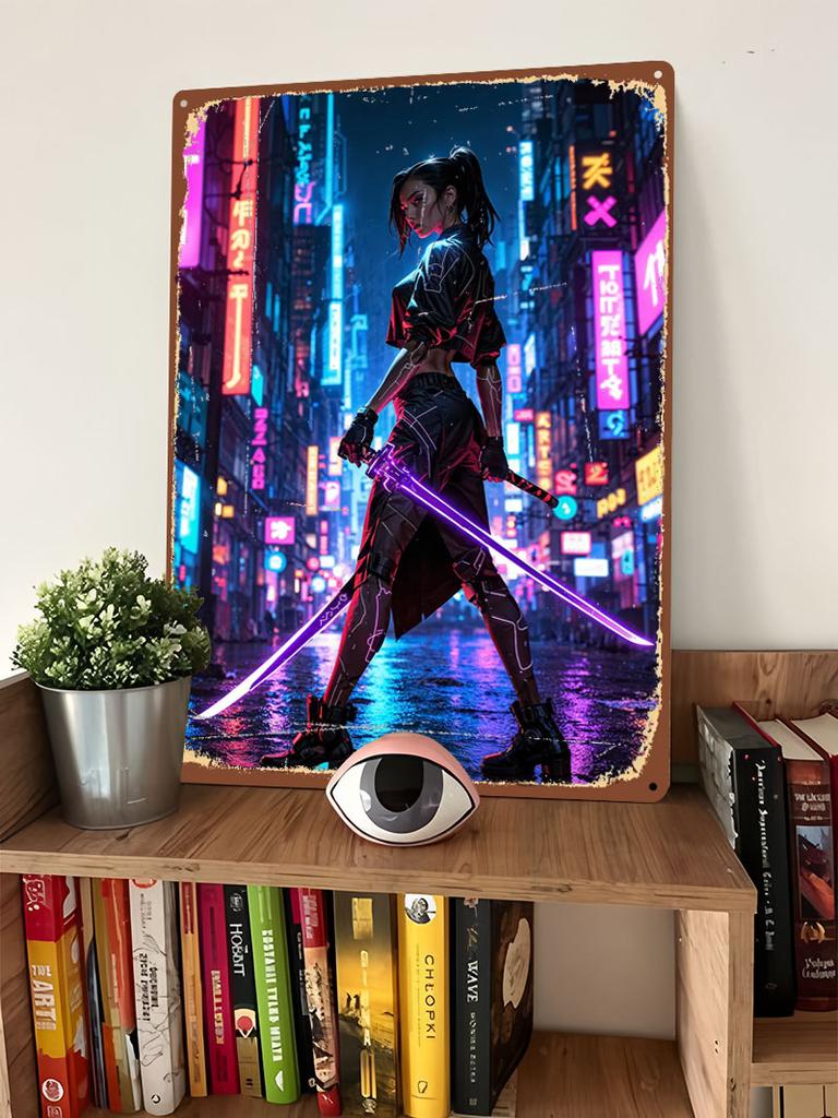 Cyberpunk Krieger Blechschild Neon Poster Dinge für Raumdesign Anpassbare Metallschilder für Zuhause Zimmer Wandkunst Kaffeebar