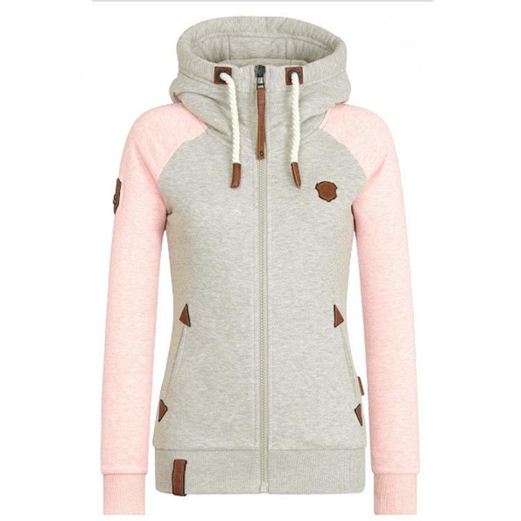 WX018915 2026 Spring Autumn Women Color Block Hooded Zip Up Sweatshirt Leather Patch Raglan Sleeve Fleece Casual Hoodie Jacket