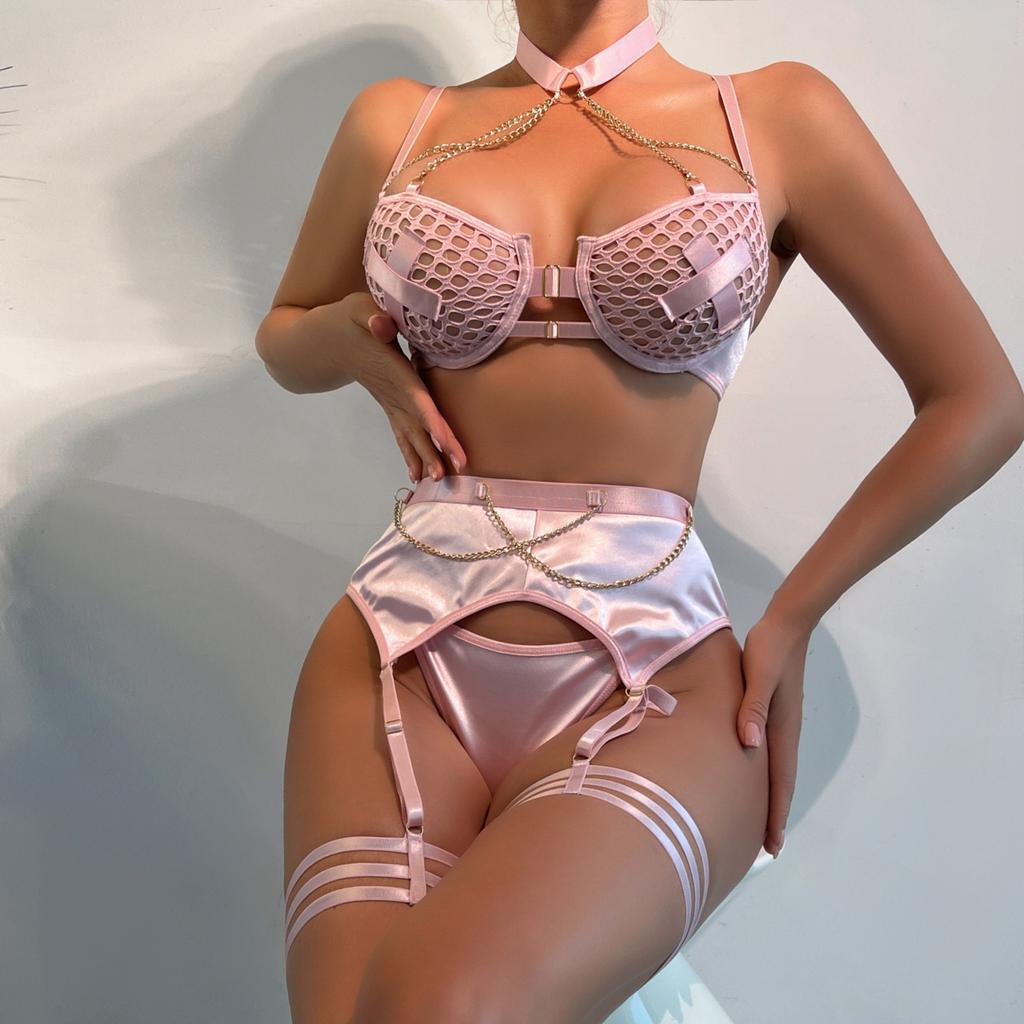 Erotic Lingerie Women's Large Mesh Hollowed Out Splicing Cross Chest Patch Metal Chain Fun Lingerie Three Piece Set