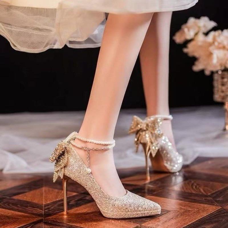 

Мода Женские Туфли-Лодочки Острый Носок Мелкий Вырез Элегантный Бант с Блестками Высокий Каблук Тонкий Каблук Жемчуг Одинарные Туфли Женские Свадебные Туфли Невесты Женские 36