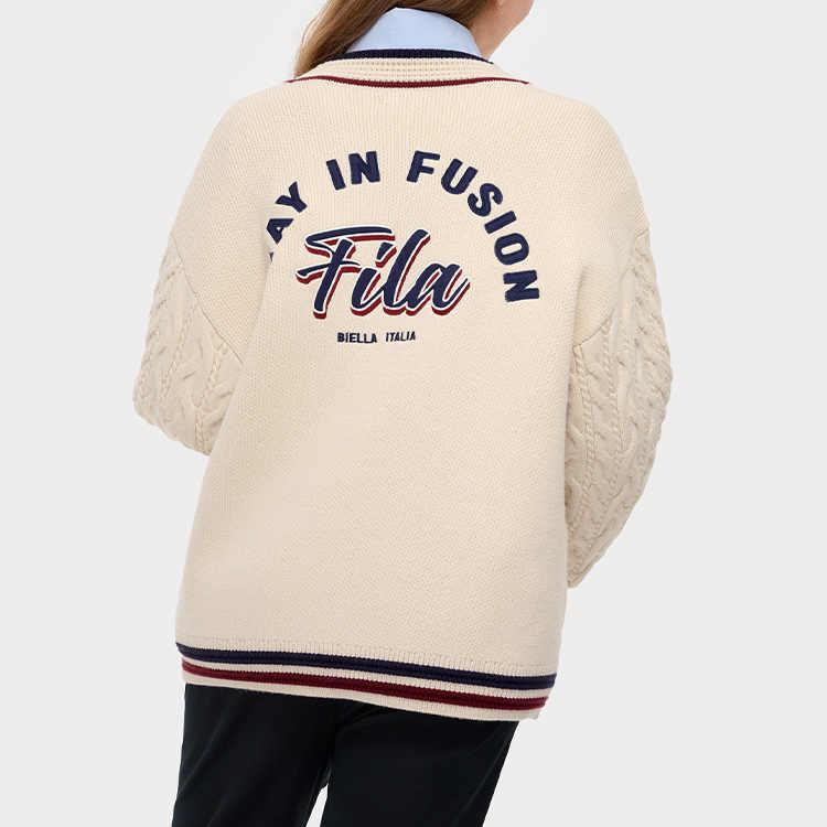 Fila Fusion Retro College Fashion Versatile V-Neck Knit Sweater Women Tops Milk-Beige T11W433403FBG