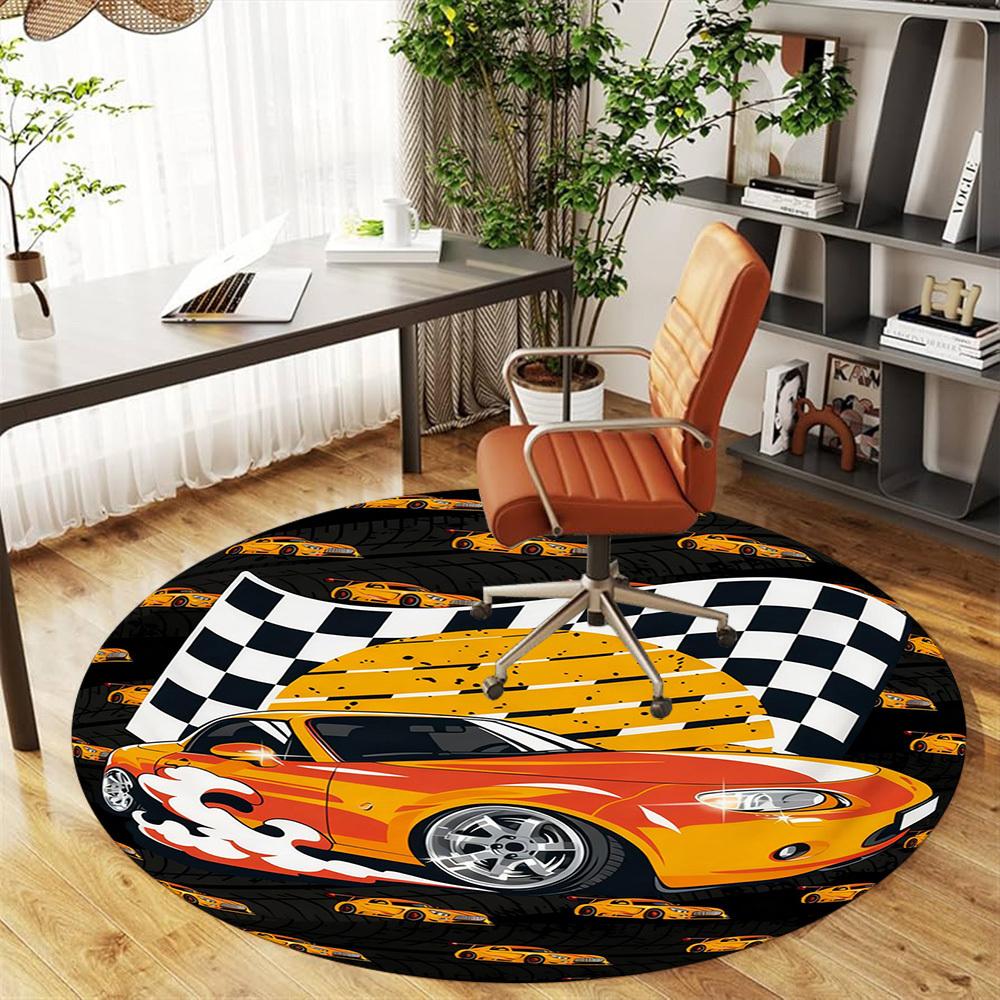 1PC Race Car Flag Round Chair Mat Area Rug - Non-Slip, Floor Mat for Office, Bedroom, and Indoor Decor -Gift D1127221